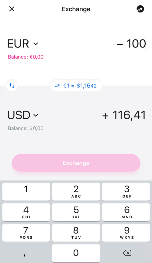 revolut-app-conversion-moneda Il cambio tra valute avviene all'interno dell'app, senza commissioni