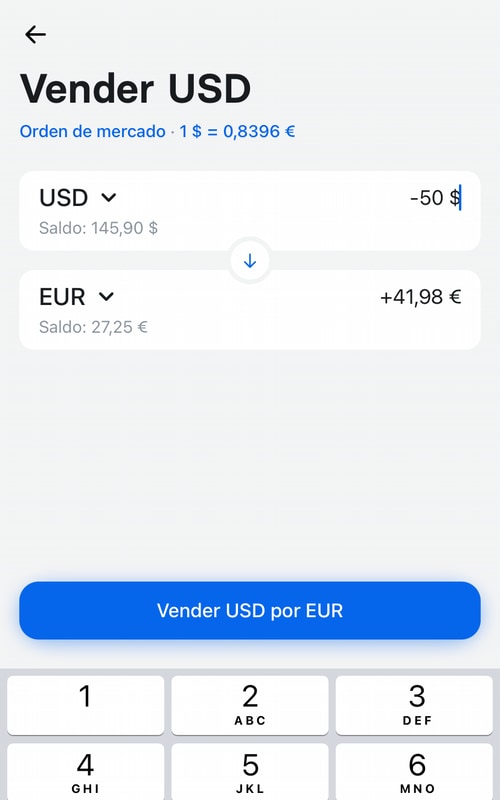 Il cambio tra valute avviene all'interno dell'app, senza commissioni