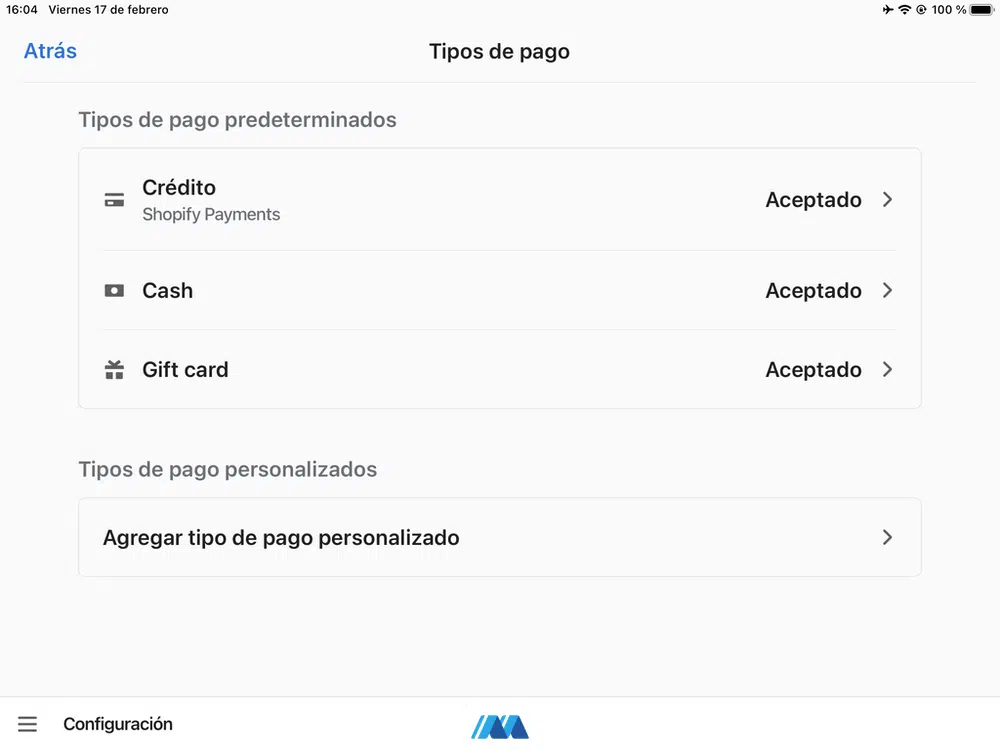 Shopify Payments te permite seleccionar el tipo y la red de pago aceptada