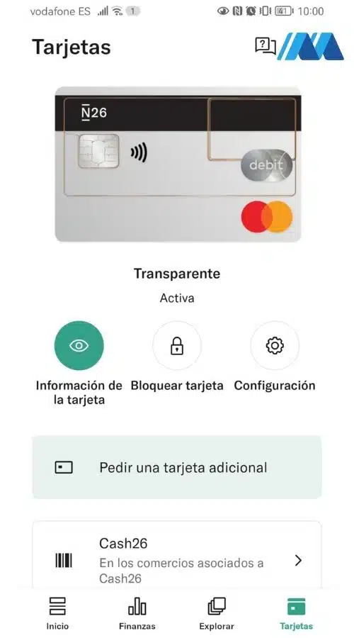 Pestaña de tarjeta de débito de la aplicación móvil de N26