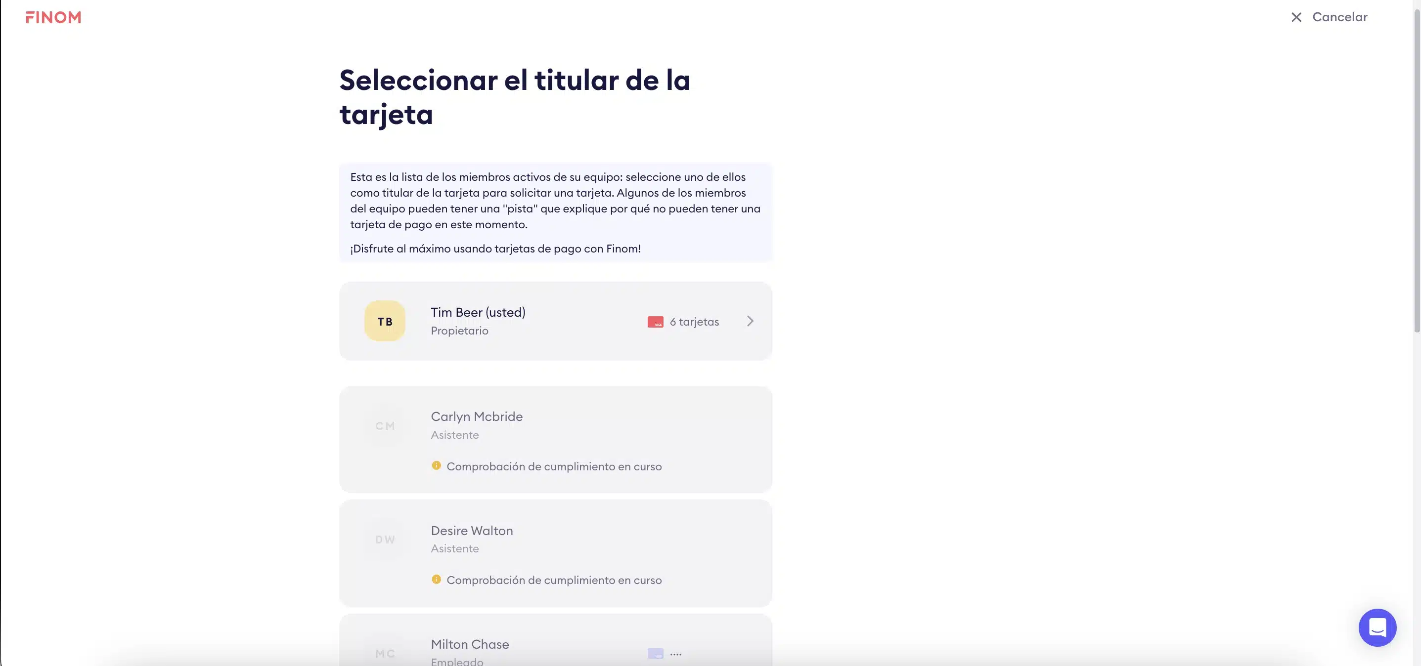 Configuración de tarjeta en Finom Finom permite asignar cada tarjeta a un usuario asociado a la cuenta
