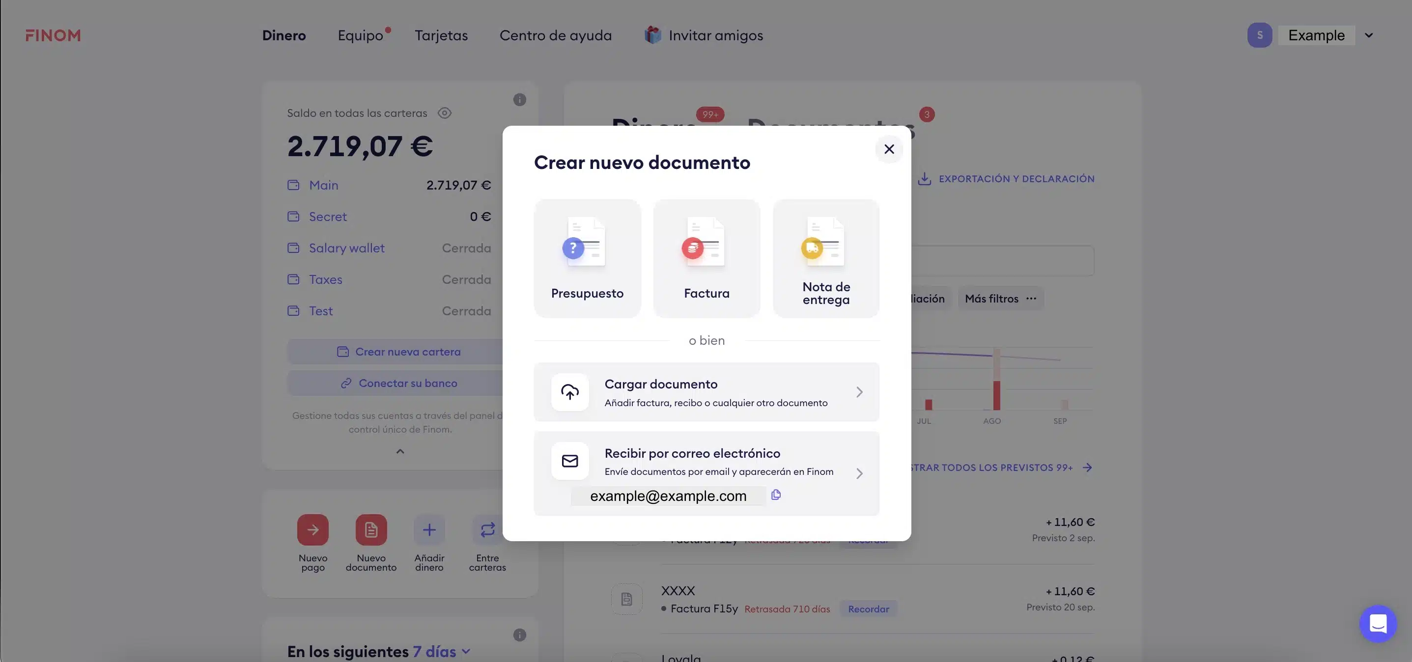 Crear una factura electrónica en Finom Opciones para crear un nuevo documento en Finom