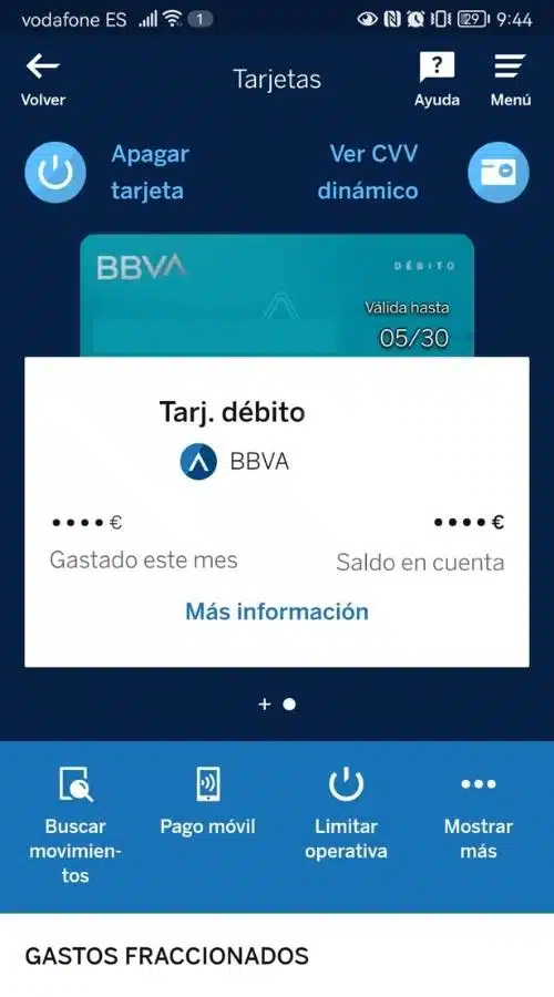 Pestaña de tarjetas de la app de la cuenta online BBVA