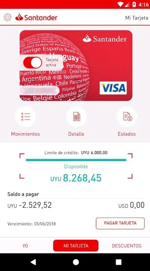 Pantalla de tarjeta en la app de cuenta online Santander