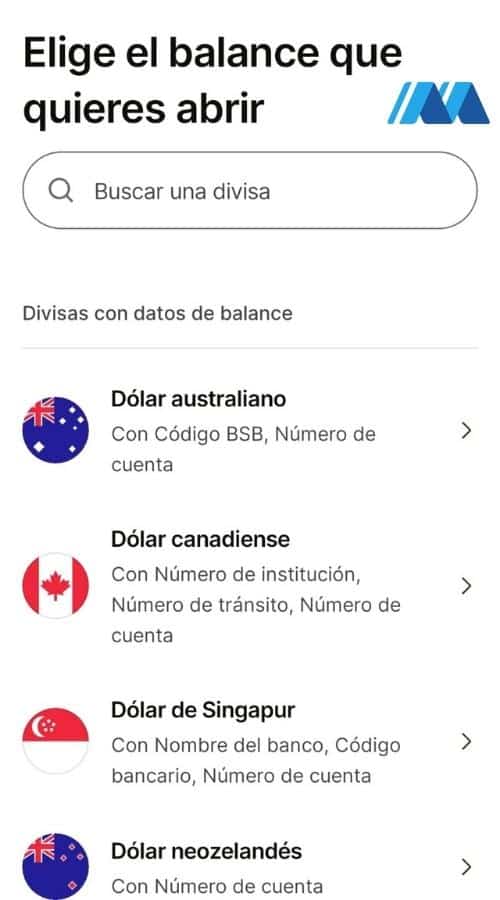 Selección de divisas para subcuentas en la app de cuenta online Wise
