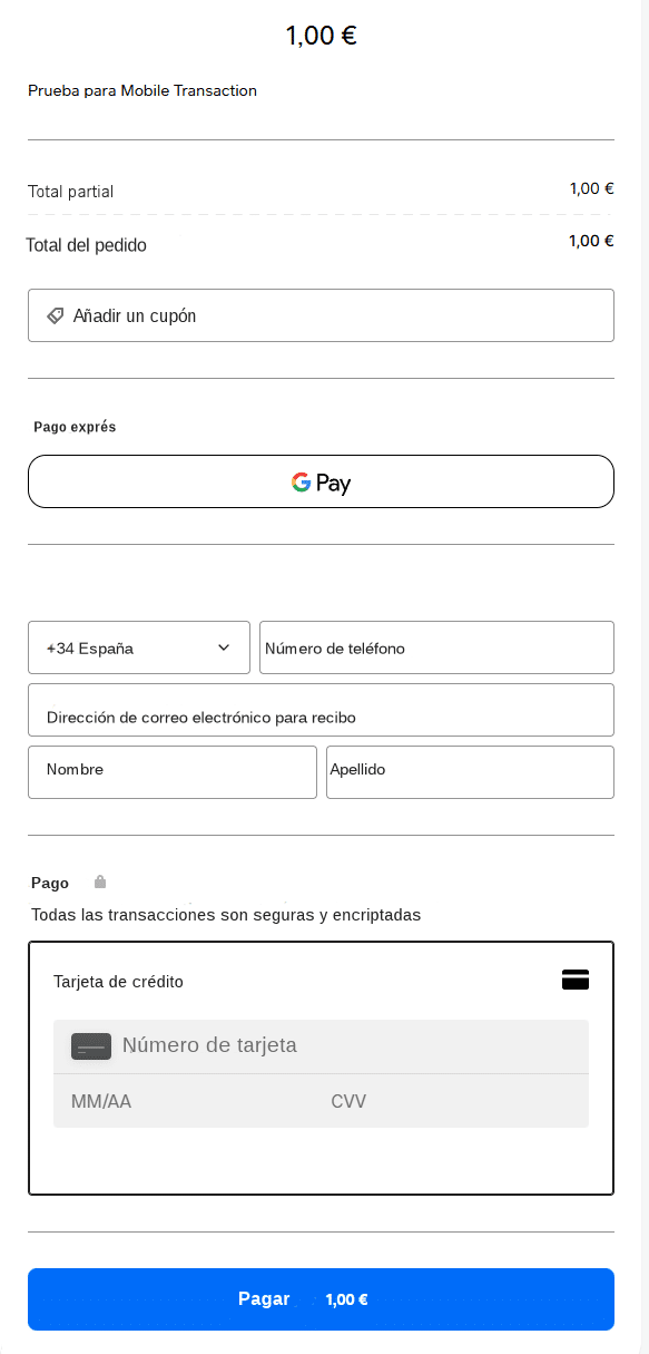 Pantallazo de la pasarela de pago de Square